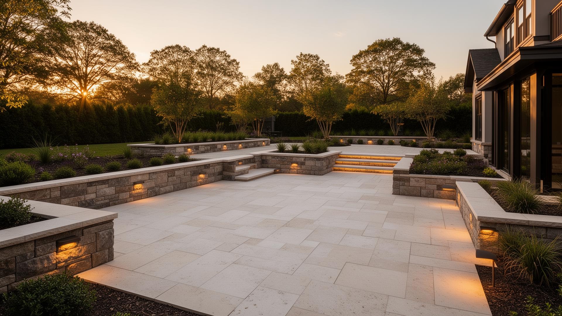 Luxury limestone patio and retaining wall installation at golden hour
